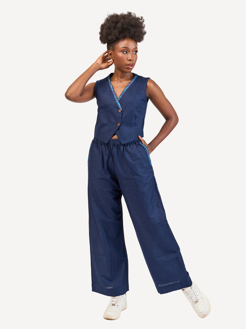 Ladies Linen Wide-Legged Pants: Navy with Navy Wave Print