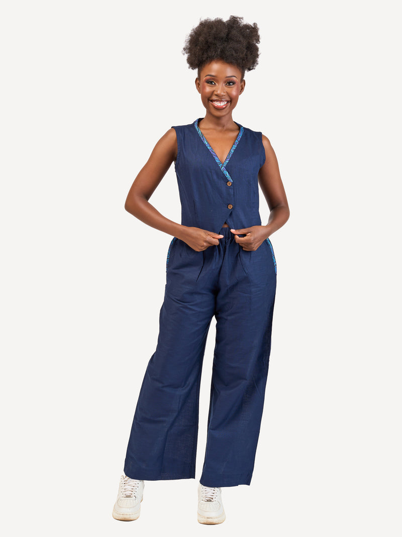 Ladies Linen Wide-Legged Pants: Navy with Navy Wave Print