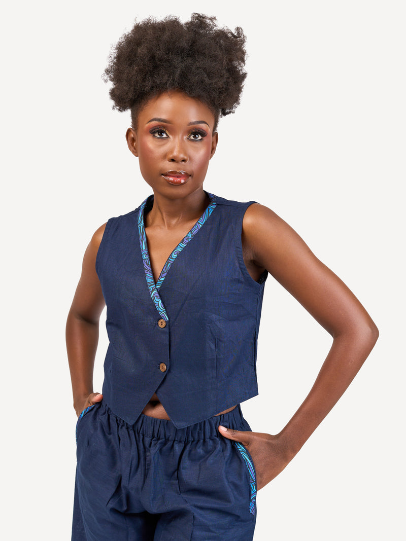 Ladies Linen Waistcoat: Navy with Navy Wave Print
