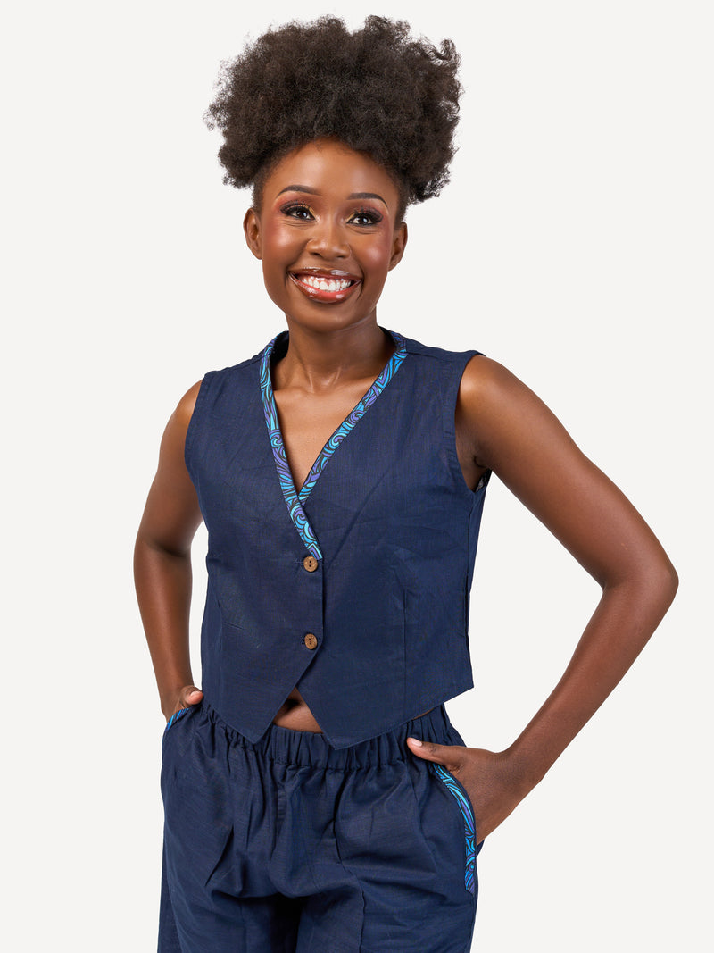 Ladies Linen Waistcoat: Navy with Navy Wave Print