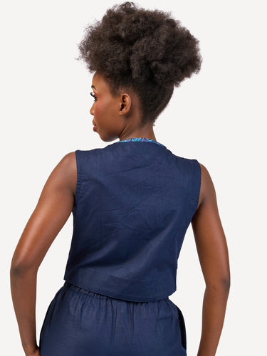 Ladies Linen Waistcoat: Navy with Navy Wave Print