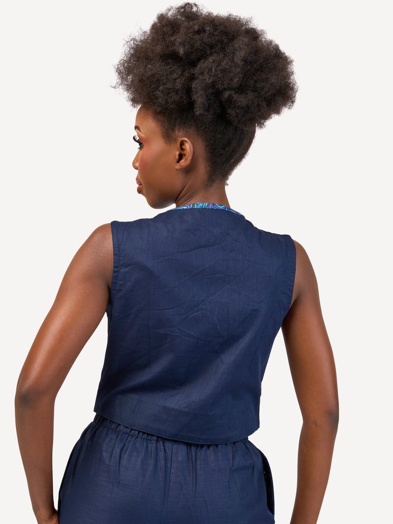 Ladies Linen Waistcoat: Navy with Navy Wave Print