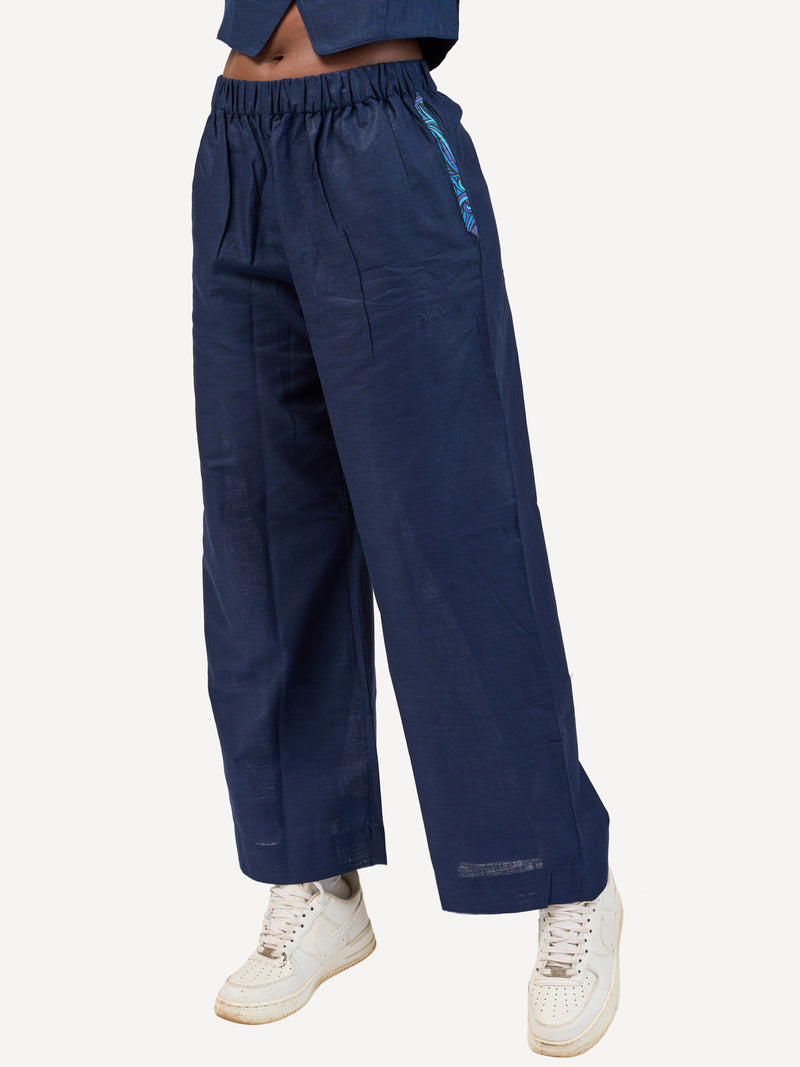 Ladies Linen Wide-Legged Pants: Navy with Navy Wave Print