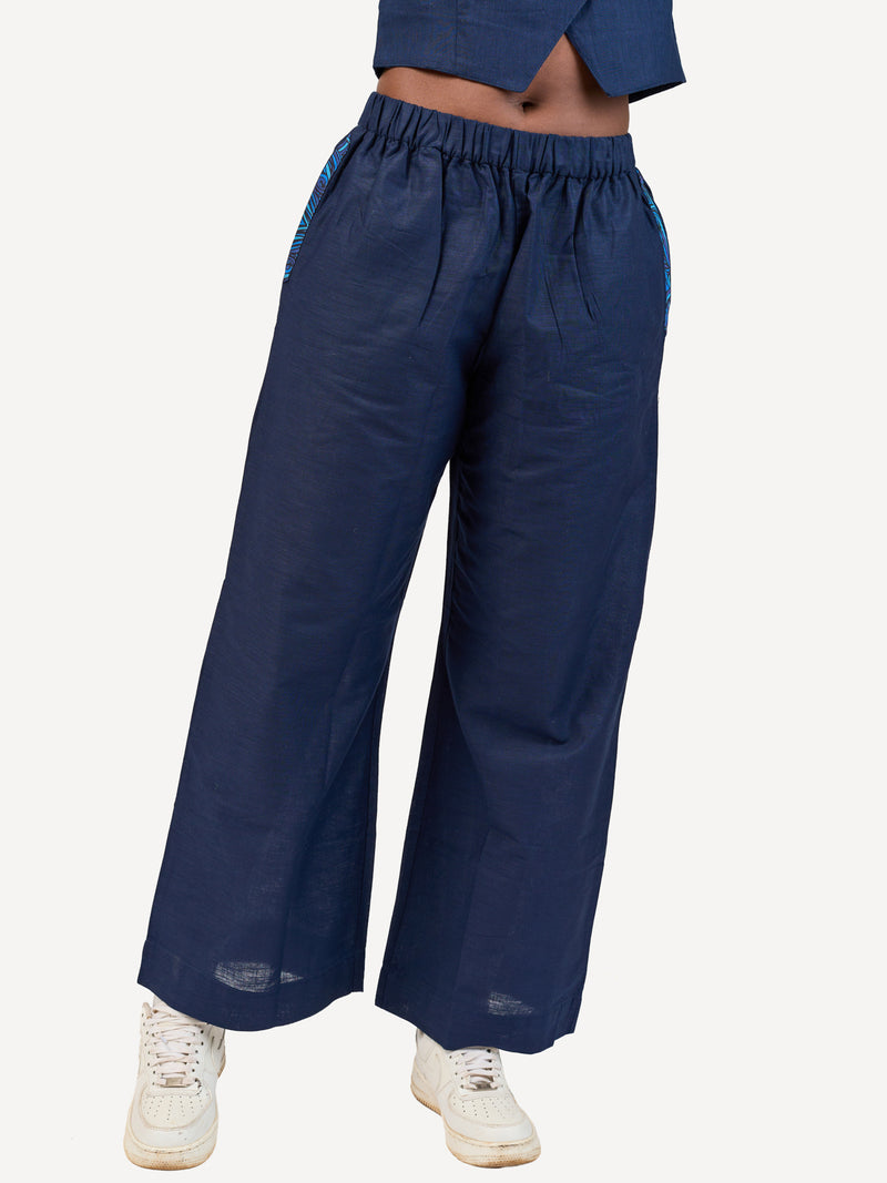 Ladies Linen Wide-Legged Pants: Navy with Navy Wave Print