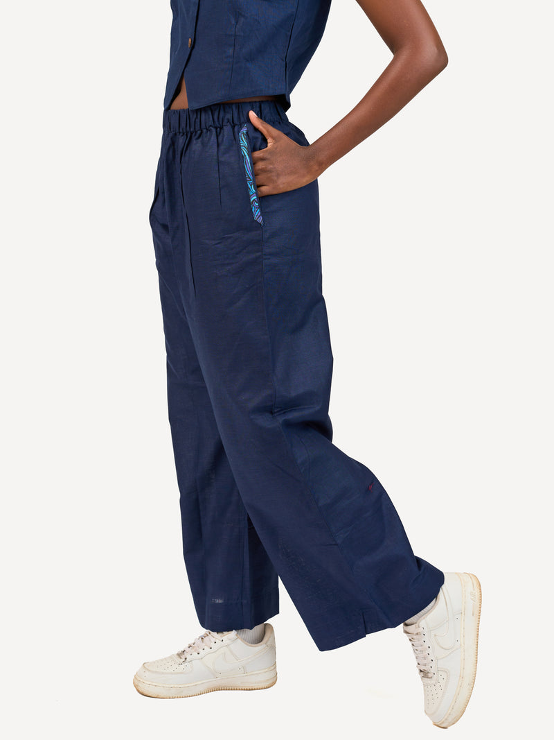 Ladies Linen Wide-Legged Pants: Navy with Navy Wave Print