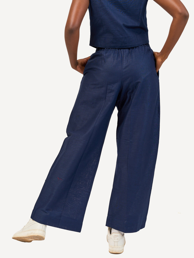 Ladies Linen Wide-Legged Pants: Navy with Navy Wave Print