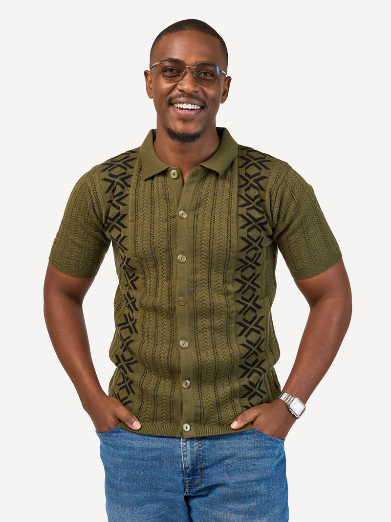 Kali Mens Button - Down KnitWear Shirts: Green & Black