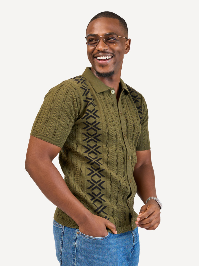Kali Mens Button - Down KnitWear Shirts: Green & Black