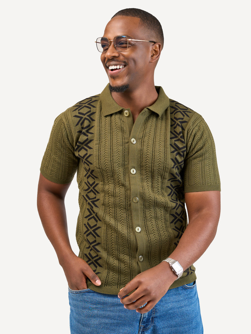 Kali Mens Button - Down KnitWear Shirts: Green & Black