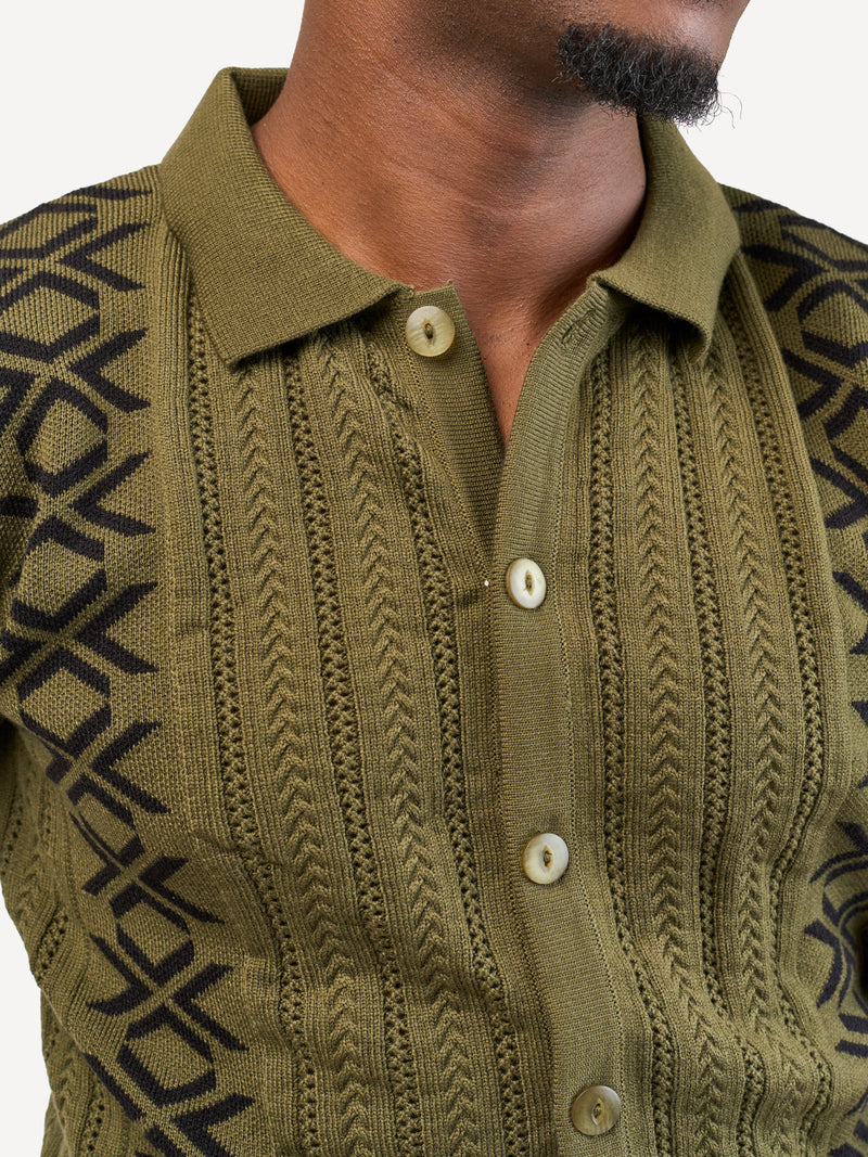 Kali Mens Button - Down KnitWear Shirts: Green & Black