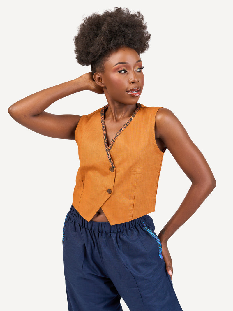 Ladies Linen Waistcoat: Mustard with Mustard Wave Print