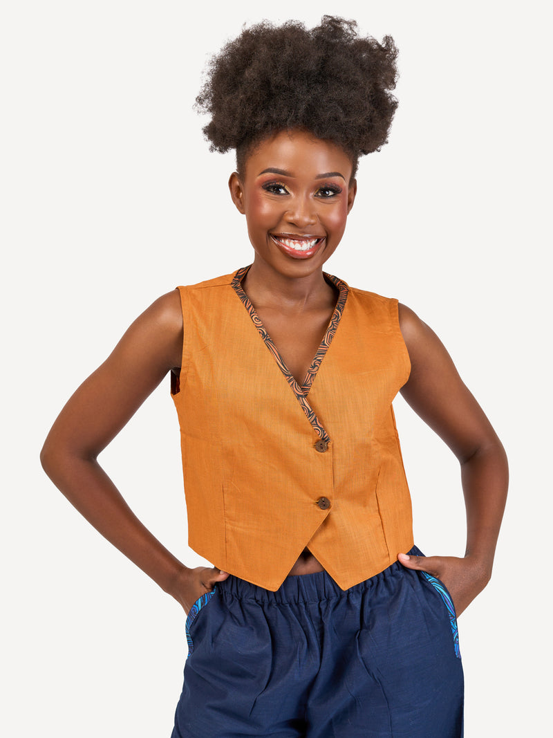Ladies Linen Waistcoat: Mustard with Mustard Wave Print