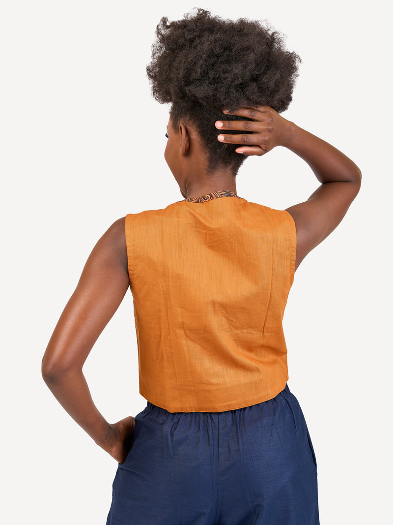 Ladies Linen Waistcoat: Mustard with Mustard Wave Print