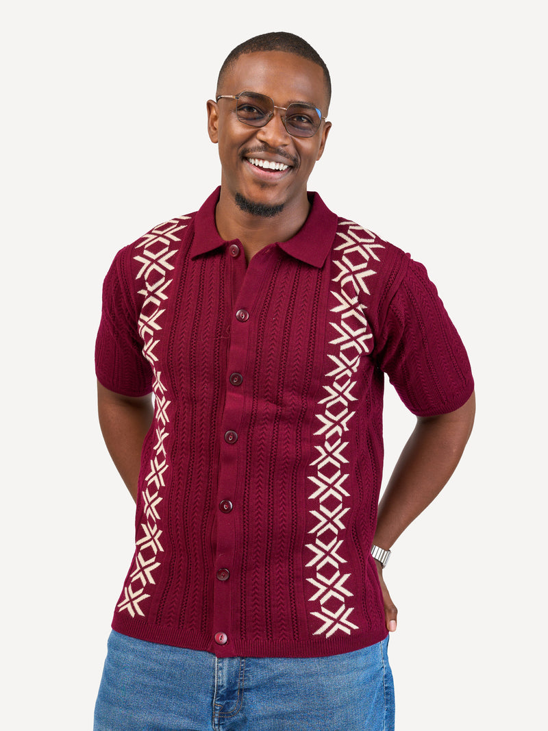 Kali Mens Button - Down KnitWear Shirts: Burgundy & Cream