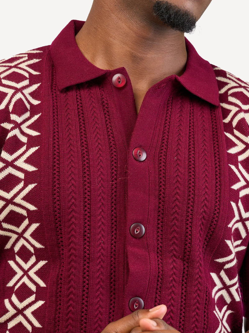 Kali Mens Button - Down KnitWear Shirts: Burgundy & Cream