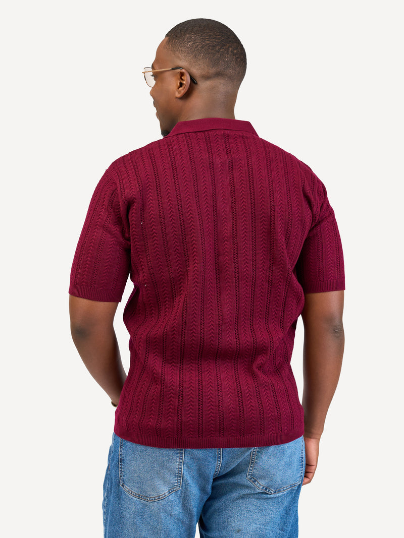 Kali Mens Button - Down KnitWear Shirts: Burgundy & Cream