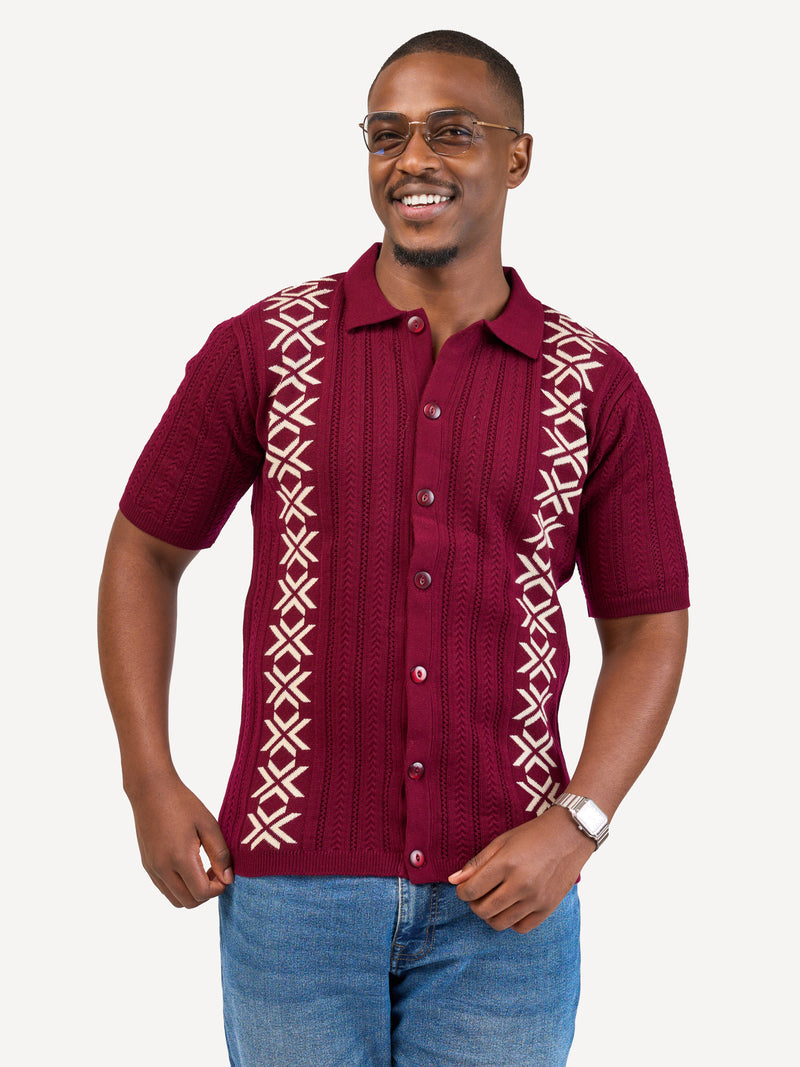 Kali Mens Button - Down KnitWear Shirts: Burgundy & Cream