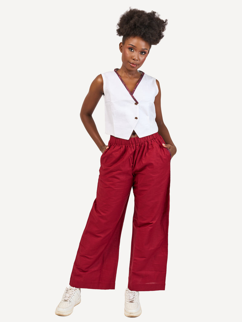 Ladies Linen Wide-Legged Pants: Maroon with Maroon Wave Print