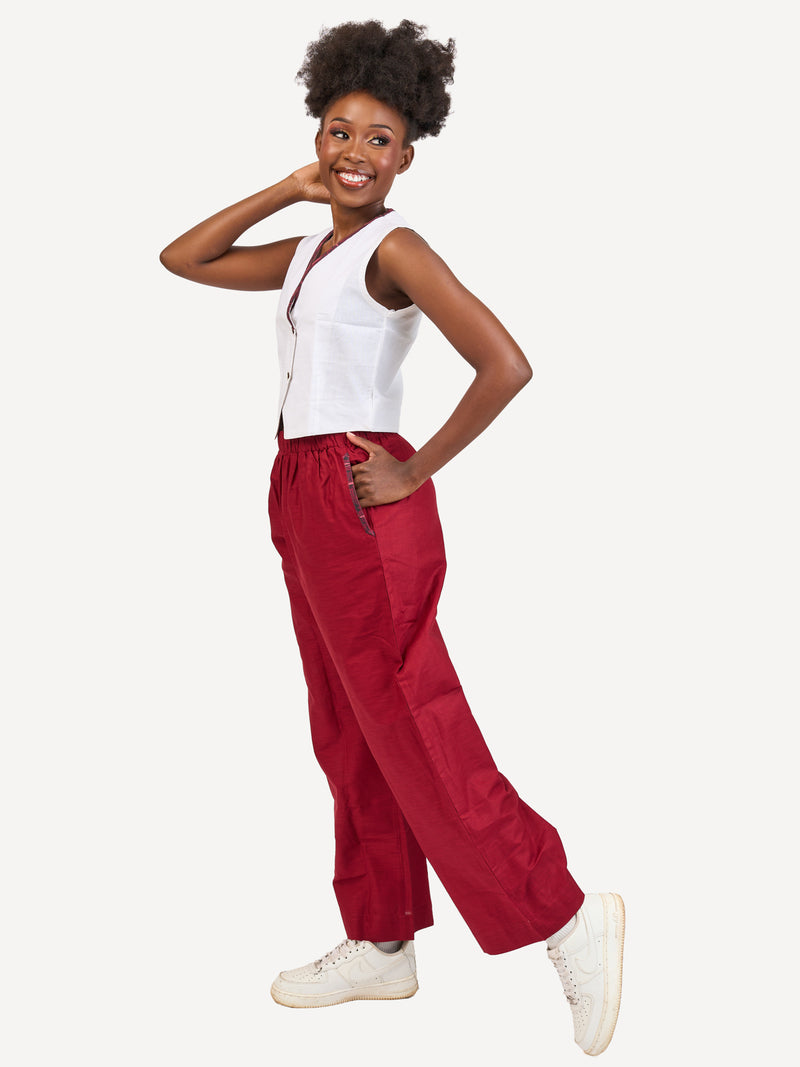 Ladies Linen Wide-Legged Pants: Maroon with Maroon Wave Print