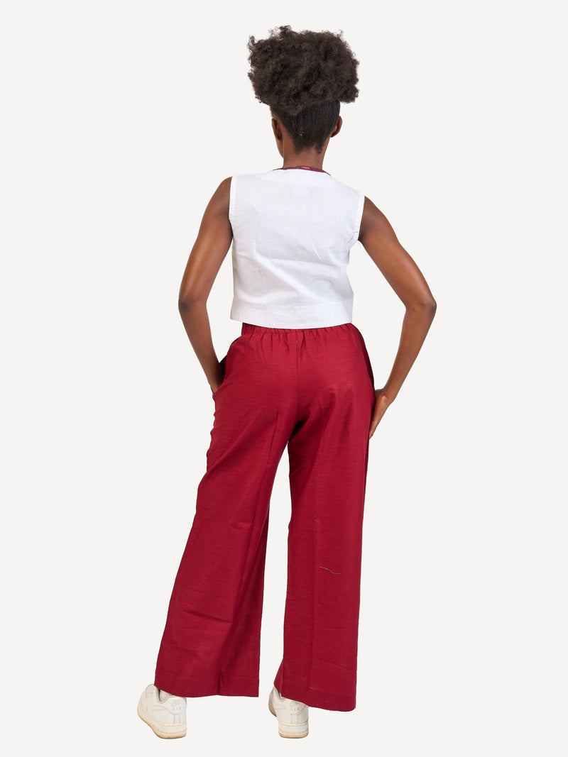 Ladies Linen Wide-Legged Pants: Maroon with Maroon Wave Print