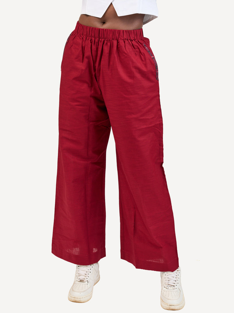 Ladies Linen Wide-Legged Pants: Maroon with Maroon Wave Print