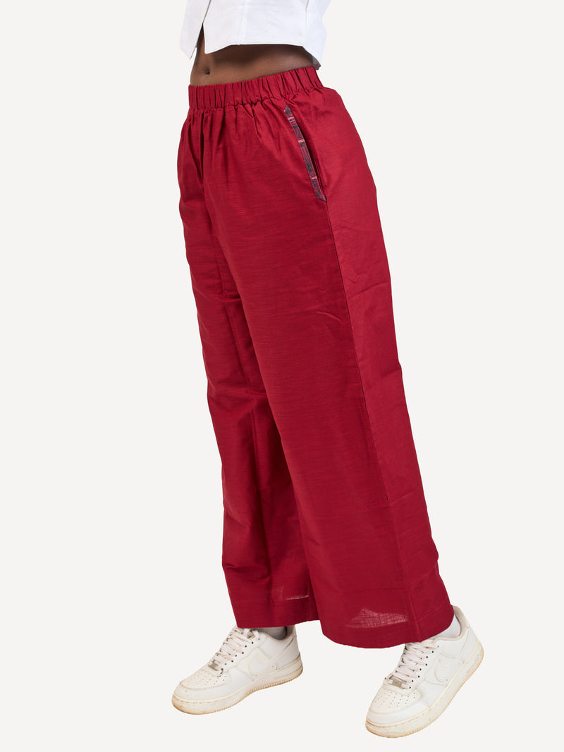 Ladies Linen Wide-Legged Pants: Maroon with Maroon Wave Print
