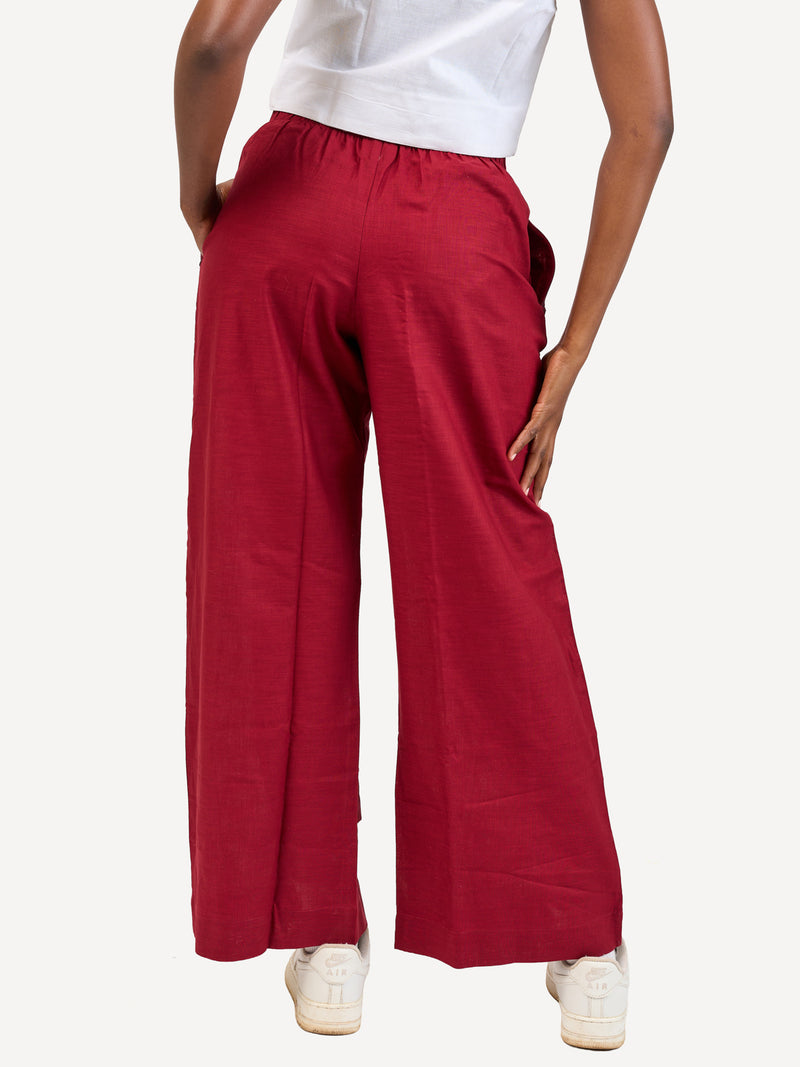 Ladies Linen Wide-Legged Pants: Maroon with Maroon Wave Print