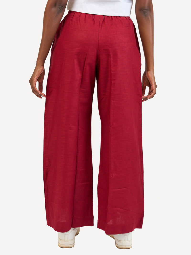 Ladies Linen Wide-Legged Pants: Maroon with Maroon Wave Print