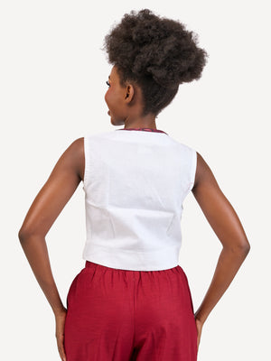 Ladies Linen Waistcoat: Off-White with Maroon Wave Print