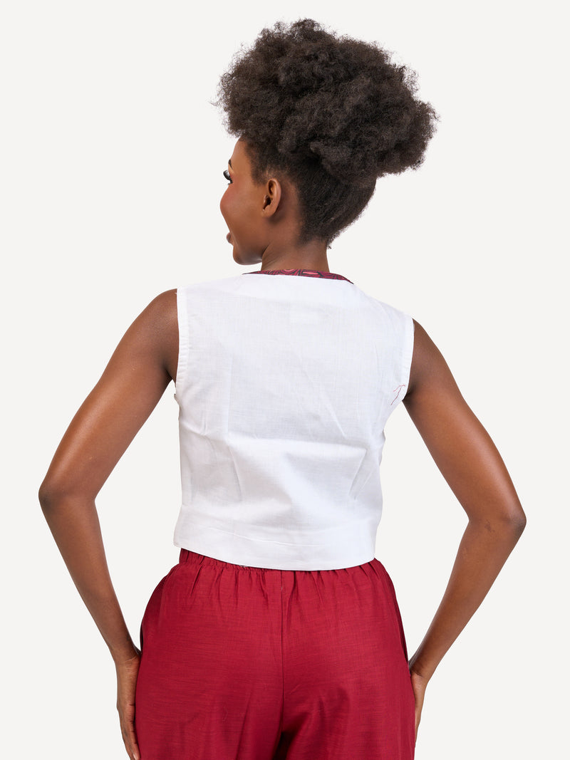 Ladies Linen Waistcoat: Off-White with Maroon Wave Print