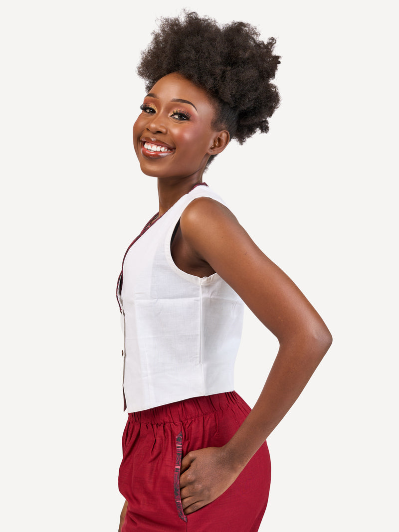 Ladies Linen Waistcoat: Off-White with Maroon Wave Print