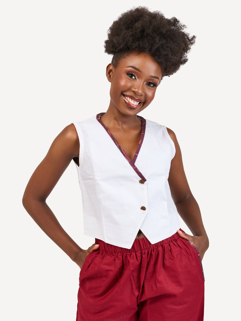 Ladies Linen Waistcoat: Off-White with Maroon Wave Print