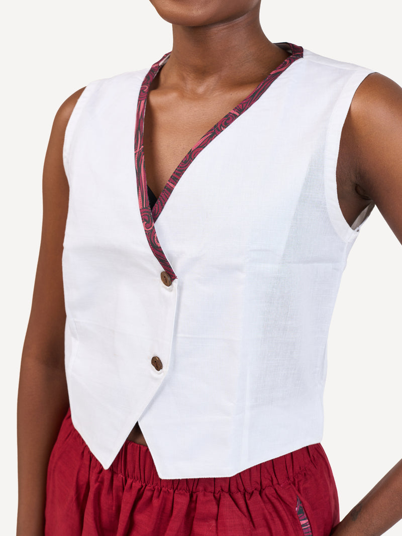 Ladies Linen Waistcoat: Off-White with Maroon Wave Print
