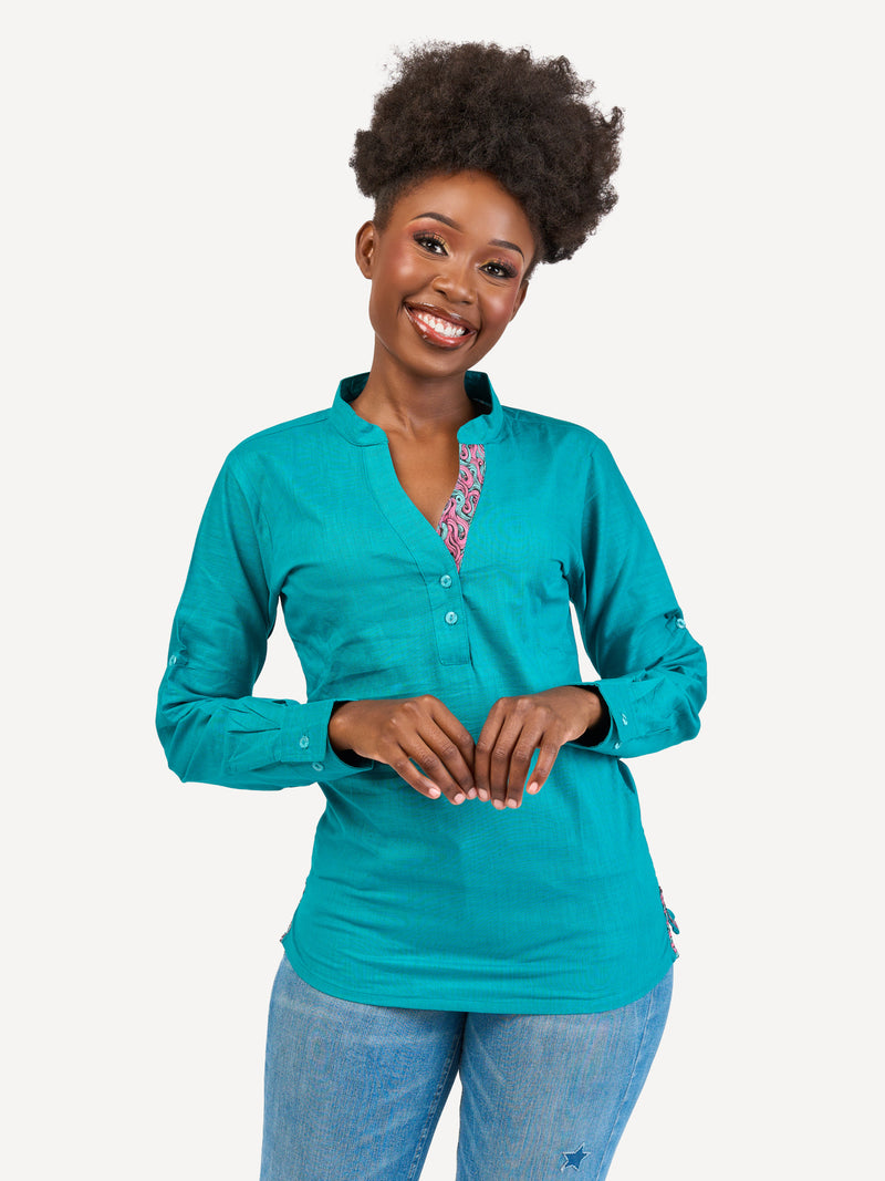 Linen Blouse: Teal with Bloom Wave Print
