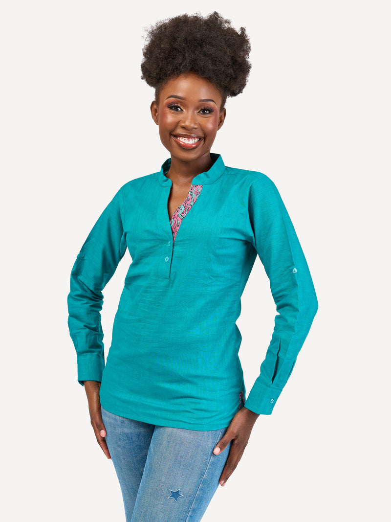 Linen Blouse: Teal with Bloom Wave Print