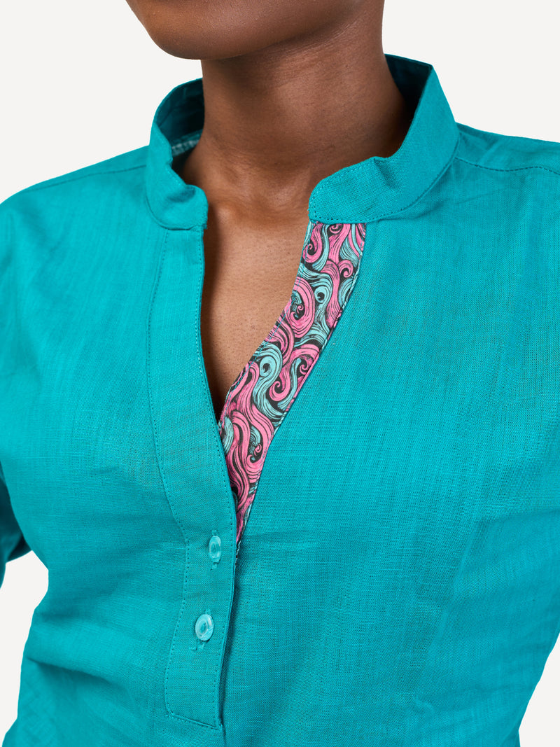 Linen Blouse: Teal with Bloom Wave Print