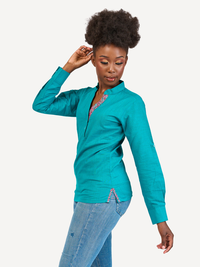 Linen Blouse: Teal with Bloom Wave Print