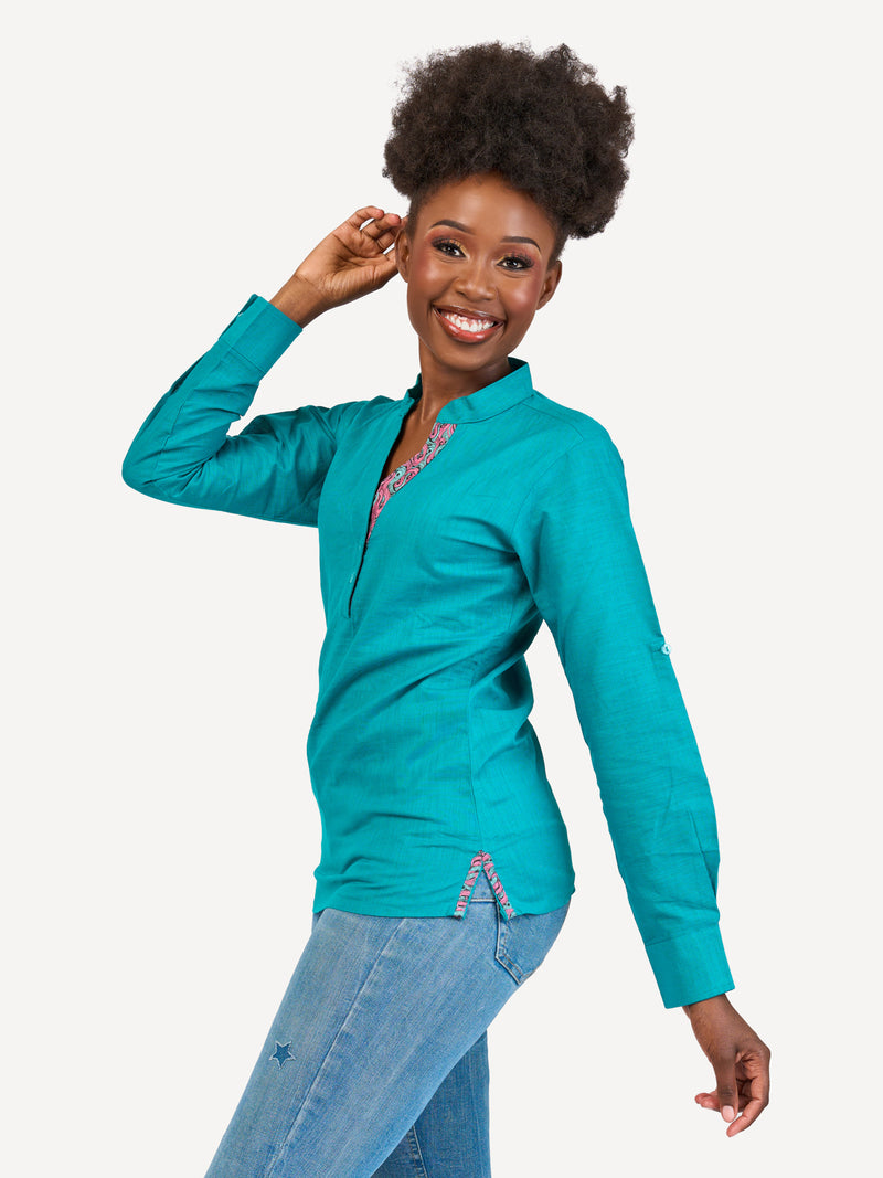 Linen Blouse: Teal with Bloom Wave Print