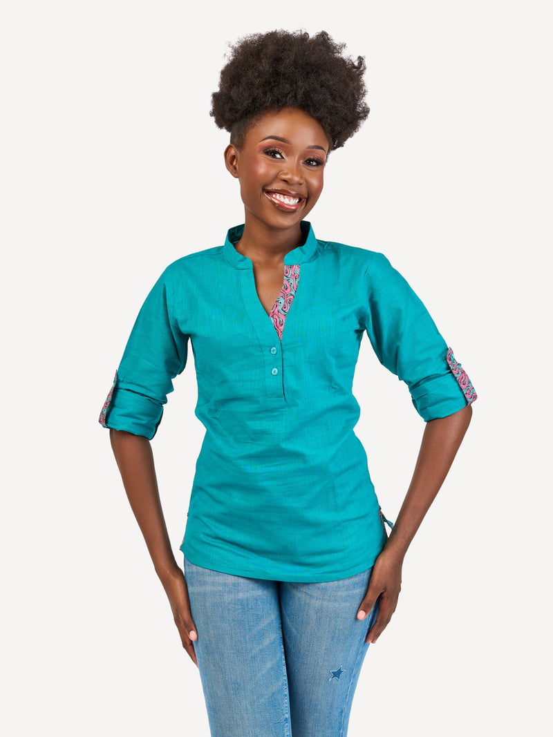 Linen Blouse: Teal with Bloom Wave Print