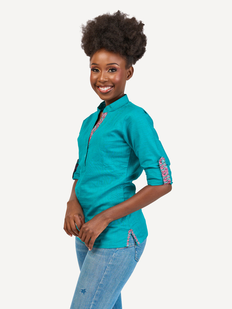 Linen Blouse: Teal with Bloom Wave Print