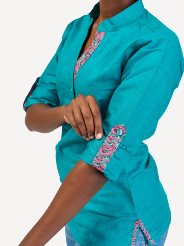 Linen Blouse: Teal with Bloom Wave Print