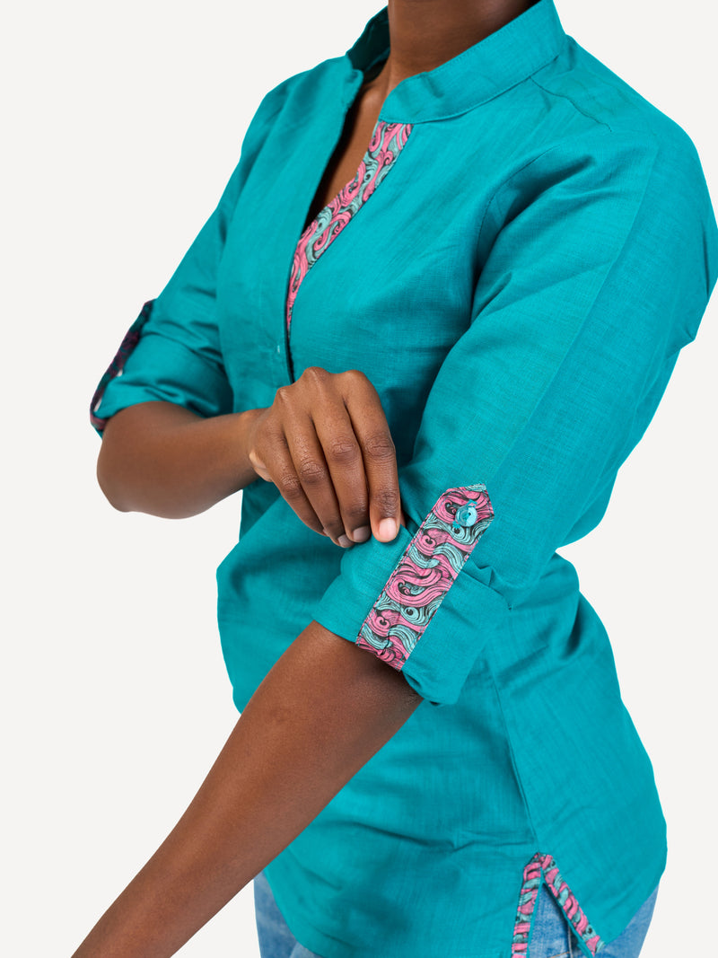 Linen Blouse: Teal with Bloom Wave Print