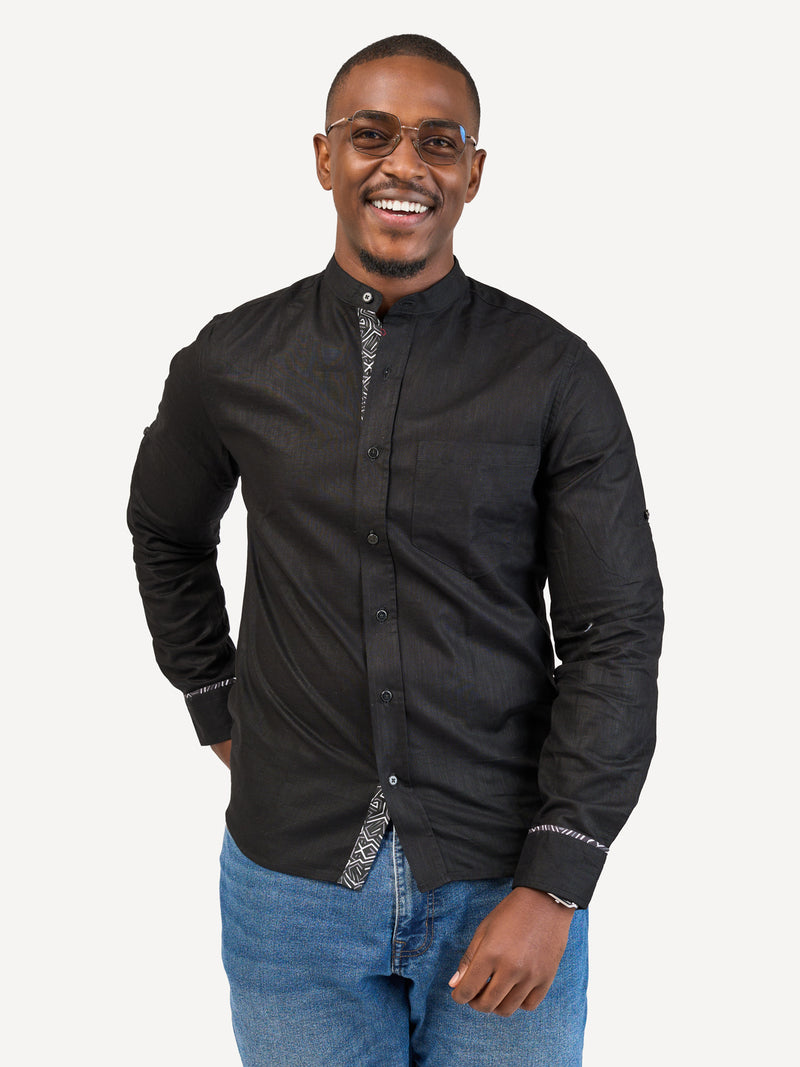 Linen Long-Sleeve Shirts: Black with chromatic Geo