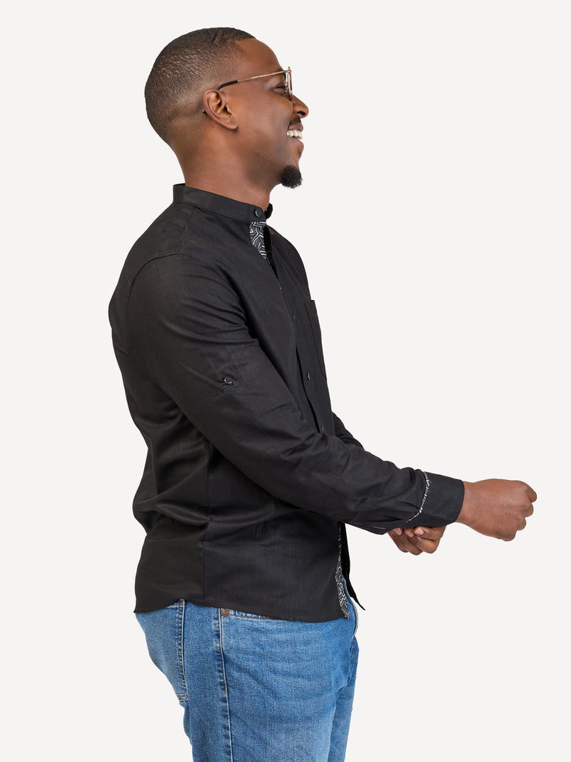 Linen Long-Sleeve Shirts: Black with chromatic Geo