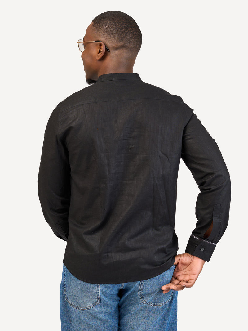 Linen Long-Sleeve Shirts: Black with chromatic Geo