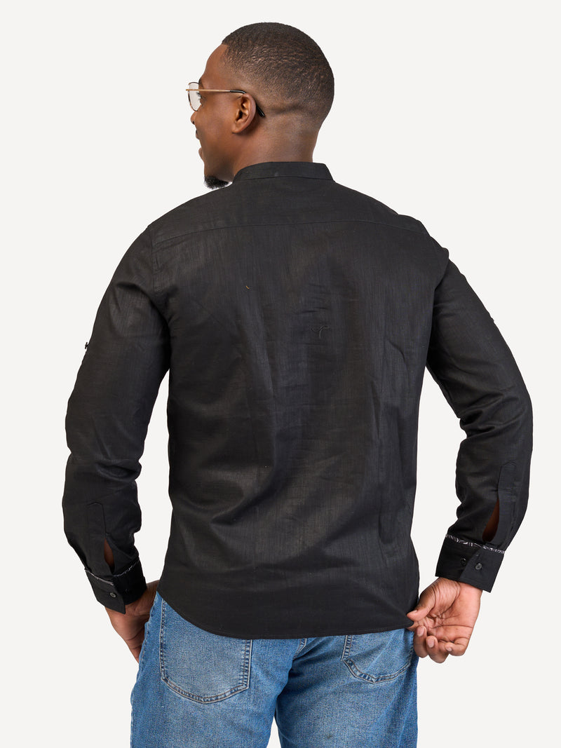 Linen Long-Sleeve Shirts: Black with chromatic Geo