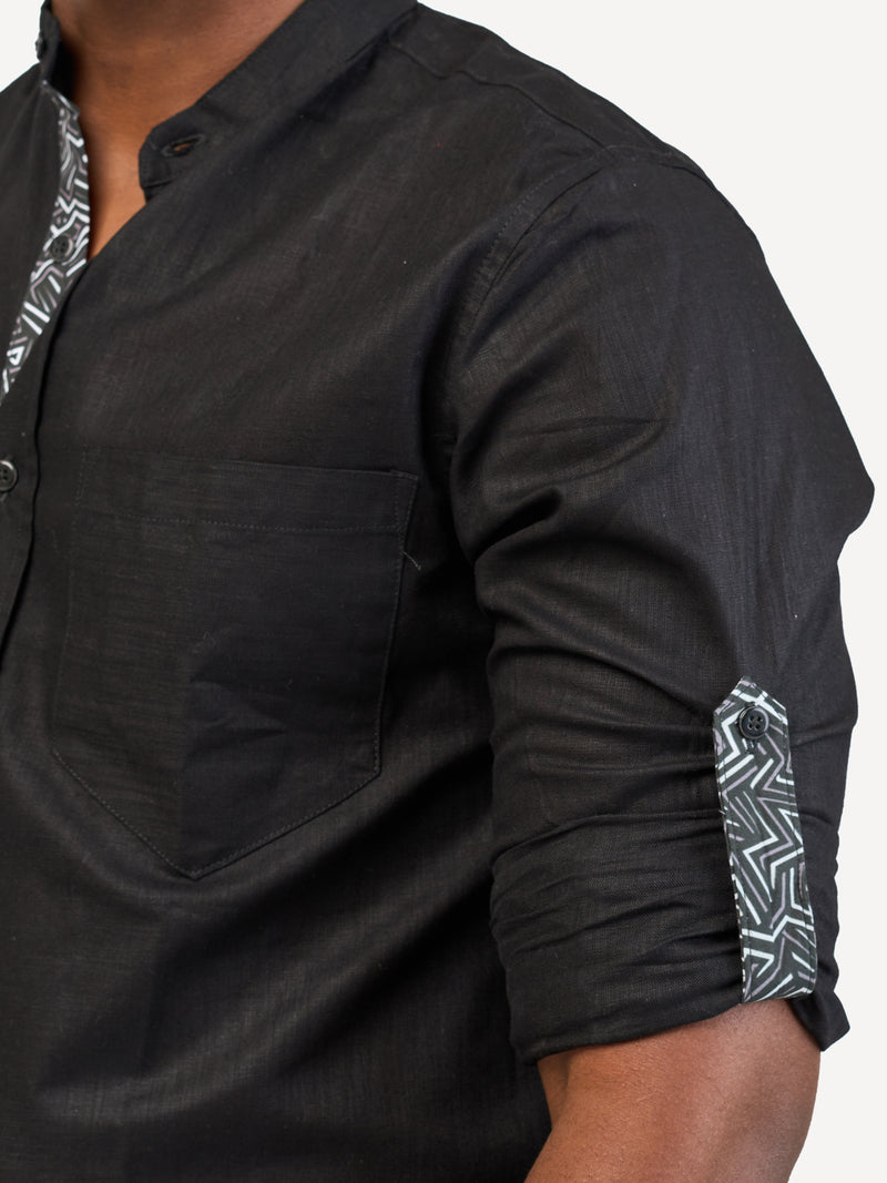 Linen Long-Sleeve Shirts: Black with chromatic Geo