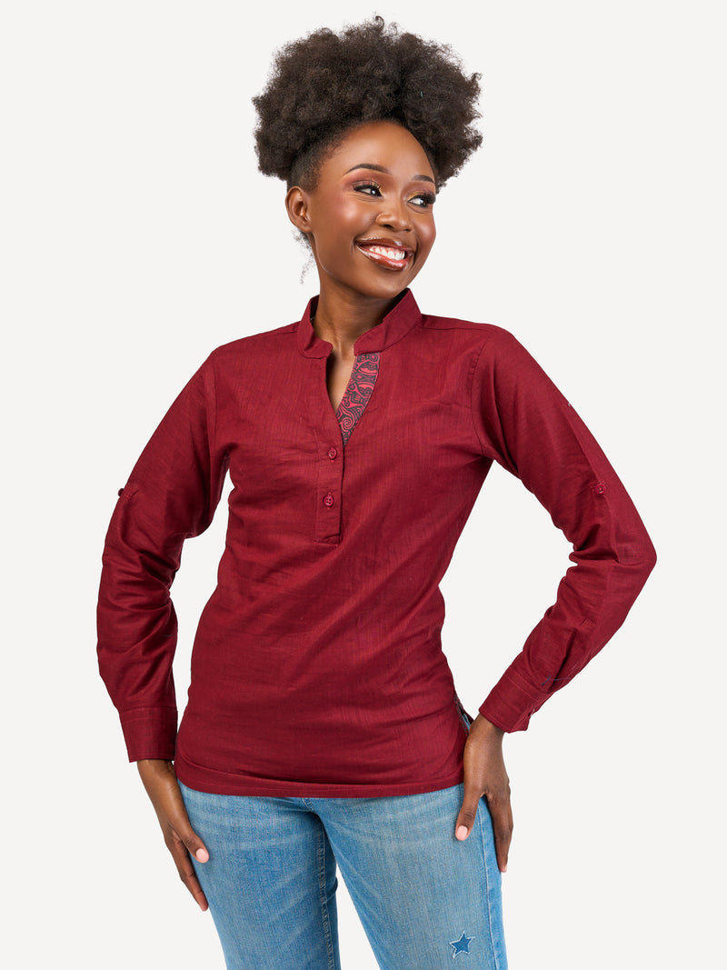 Linen Blouse: Burgundy with Dark Crimson Print