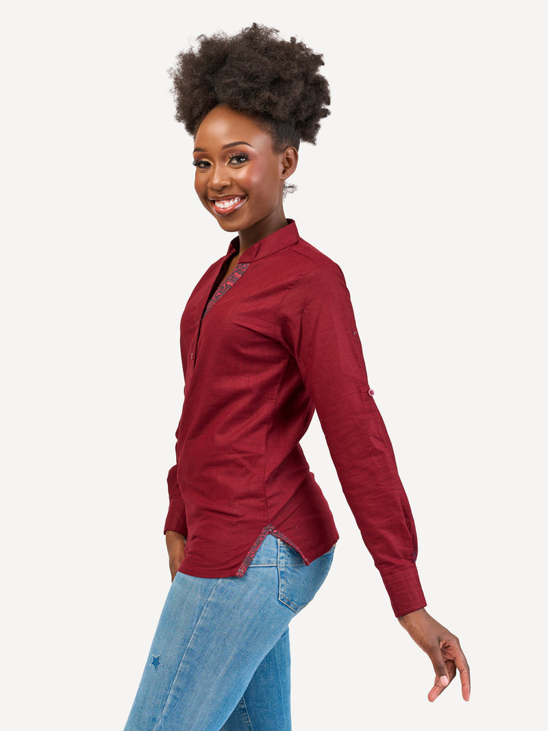 Linen Blouse: Burgundy with Dark Crimson Print