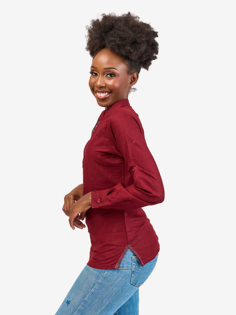Linen Blouse: Burgundy with Dark Crimson Print